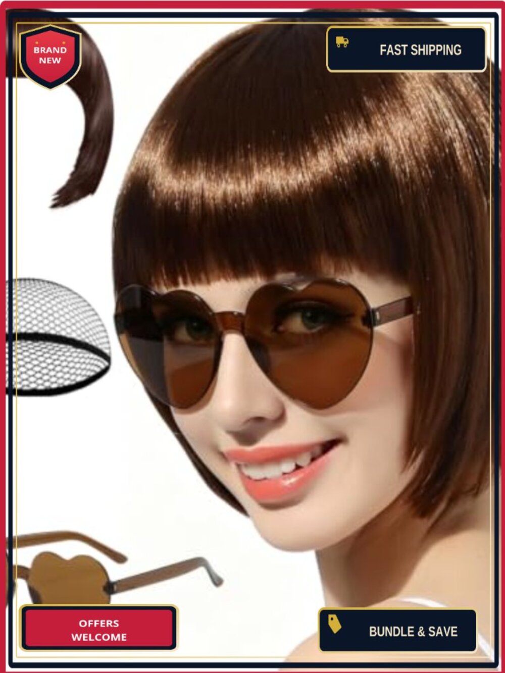 Short Bob Wig with Heart Sunglasses & Wig Cap Heat Resistant Party
